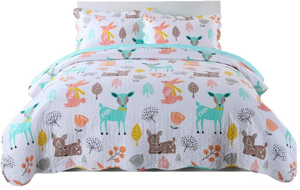 100% Cotton 3 Piece Kids Quilt Bedspread Comforter Set Throw Blanket for Teens Boys Girls Kids Beds Bedding Coverlet Teal Blue Forest Deer (Full)