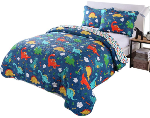 100% Cotton 3 Piece Kids Quilt Bedspread Comforter Set Throw Blanket for Teens Boys Girls Kids Beds Bedding Coverlet, Cartoon Dinosaur (Full)