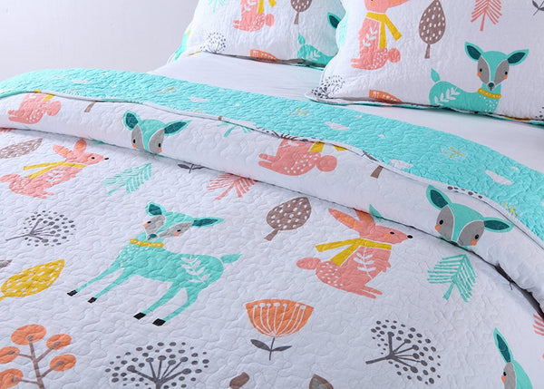 100% Cotton 3 Piece Kids Quilt Bedspread Comforter Set Throw Blanket for Teens Boys Girls Kids Beds Bedding Coverlet Teal Blue Forest Deer (Full)