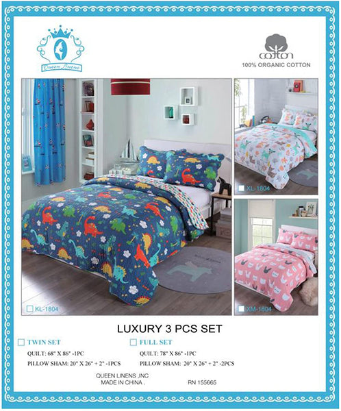 100% Cotton 3 Piece Kids Quilt Bedspread Comforter Set Throw Blanket for Teens Boys Girls Kids Beds Bedding Coverlet Teal Blue Forest Deer (Full)