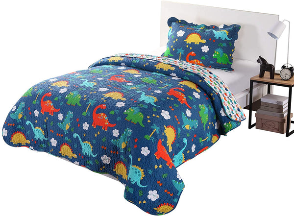 100% Cotton 2 Piece Kids Quilt Bedspread Comforter Set Throw Blanket for Teens Boys Girls Kids Beds Bedding Coverlet, Cartoon Dinosaur (Twin)
