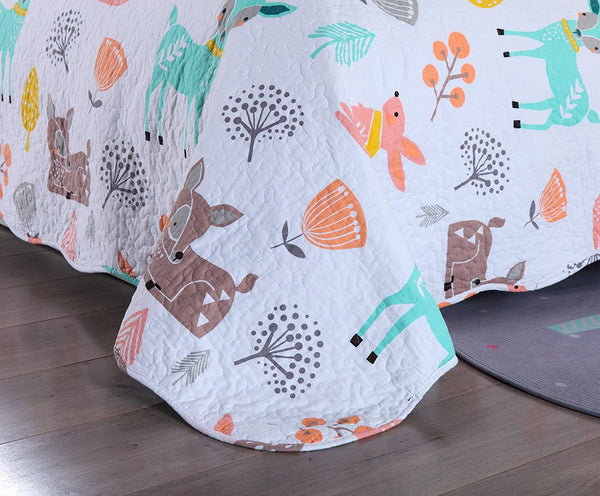 100% Cotton 3 Piece Kids Quilt Bedspread Comforter Set Throw Blanket for Teens Boys Girls Kids Beds Bedding Coverlet Teal Blue Forest Deer (Full)
