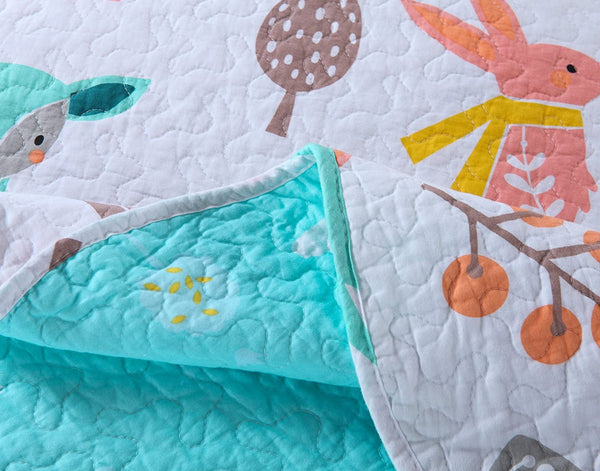100% Cotton 2 Piece Kids Quilt Bedspread Comforter Set Throw Blanket for Teens Boys Girls Kids Beds Bedding Coverlet Teal Blue Forest Deer (Twin)