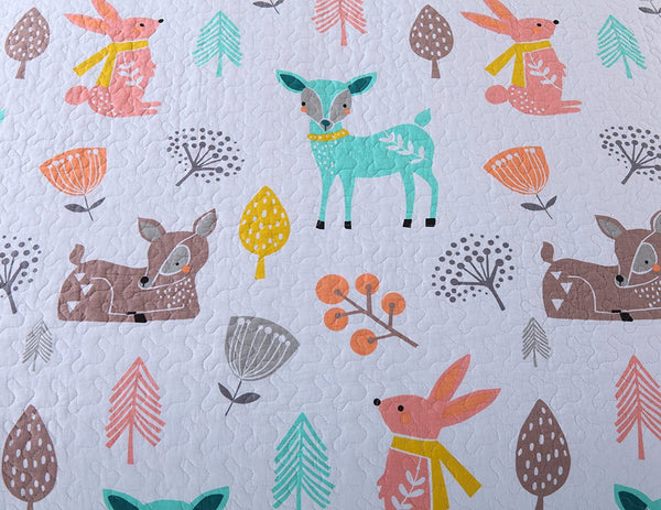 100% Cotton 3 Piece Kids Quilt Bedspread Comforter Set Throw Blanket for Teens Boys Girls Kids Beds Bedding Coverlet Teal Blue Forest Deer (Full)