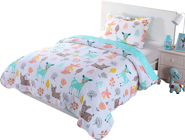 100% Cotton 2 Piece Kids Quilt Bedspread Comforter Set Throw Blanket for Teens Boys Girls Kids Beds Bedding Coverlet Teal Blue Forest Deer (Twin)