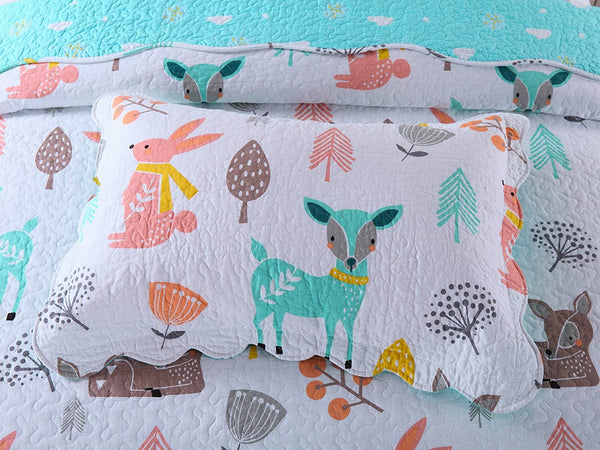 100% Cotton 3 Piece Kids Quilt Bedspread Comforter Set Throw Blanket for Teens Boys Girls Kids Beds Bedding Coverlet Teal Blue Forest Deer (Full)
