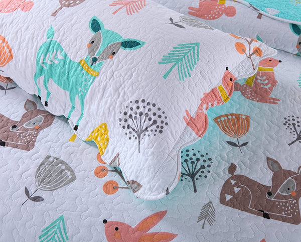 100% Cotton 3 Piece Kids Quilt Bedspread Comforter Set Throw Blanket for Teens Boys Girls Kids Beds Bedding Coverlet Teal Blue Forest Deer (Full)