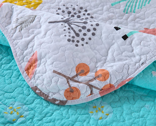 100% Cotton 3 Piece Kids Quilt Bedspread Comforter Set Throw Blanket for Teens Boys Girls Kids Beds Bedding Coverlet Teal Blue Forest Deer (Full)