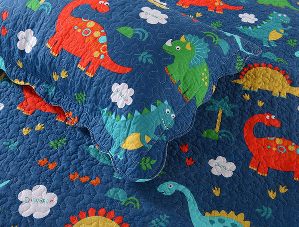 100% Cotton 3 Piece Kids Quilt Bedspread Comforter Set Throw Blanket for Teens Boys Girls Kids Beds Bedding Coverlet, Cartoon Dinosaur (Full)