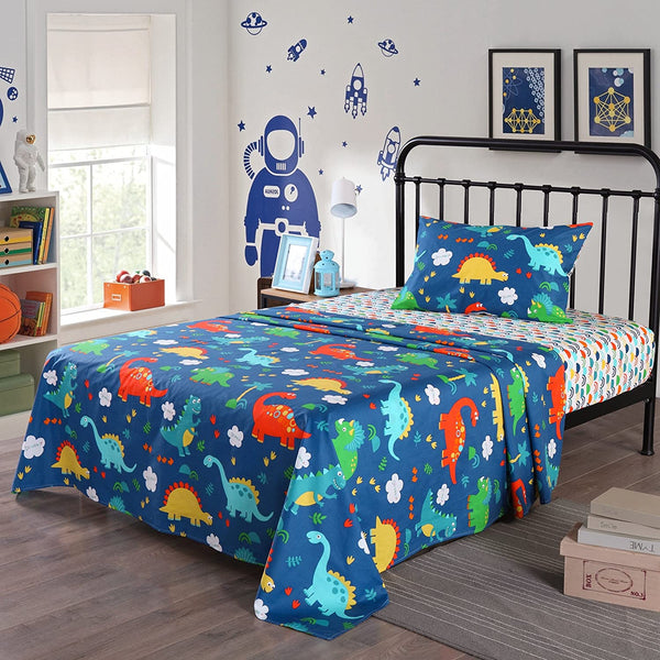100% Cotton Sheets Kids Twin Sheets for Kids Girls Boys Teens Children Sheets Bed Sheets for Kids Soft Fitted Flat Printed Sheet Pillowcase Bedding Bed Set Navy Blue Dinosaur(Twin)