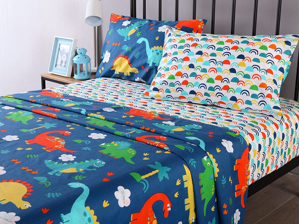 100% Cotton Sheets Kids Full Sheets for Kids Girls Boys Teens Children Sheets Bed Sheets for Kids Soft Fitted Flat Printed Sheet Pillowcase Bedding Bed Set Navy Blue Dinosaur(Full)