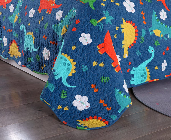 100% Cotton 2 Piece Kids Quilt Bedspread Comforter Set Throw Blanket for Teens Boys Girls Kids Beds Bedding Coverlet, Cartoon Dinosaur (Twin)