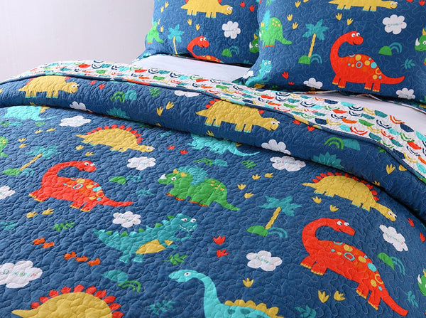 100% Cotton 2 Piece Kids Quilt Bedspread Comforter Set Throw Blanket for Teens Boys Girls Kids Beds Bedding Coverlet, Cartoon Dinosaur (Twin)