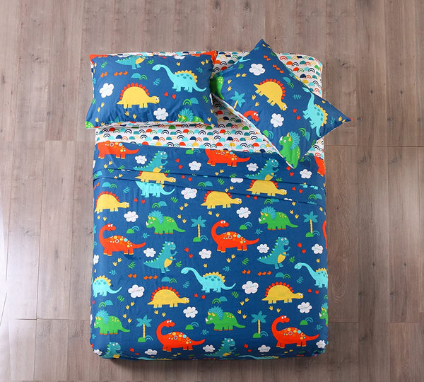100% Cotton Sheets Kids Full Sheets for Kids Girls Boys Teens Children Sheets Bed Sheets for Kids Soft Fitted Flat Printed Sheet Pillowcase Bedding Bed Set Navy Blue Dinosaur(Full)