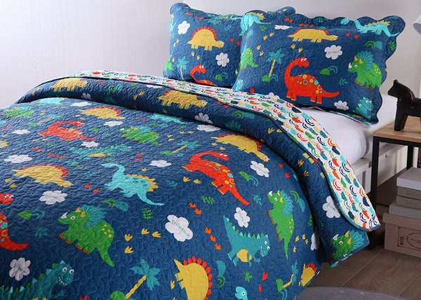 100% Cotton 3 Piece Kids Quilt Bedspread Comforter Set Throw Blanket for Teens Boys Girls Kids Beds Bedding Coverlet, Cartoon Dinosaur (Full)
