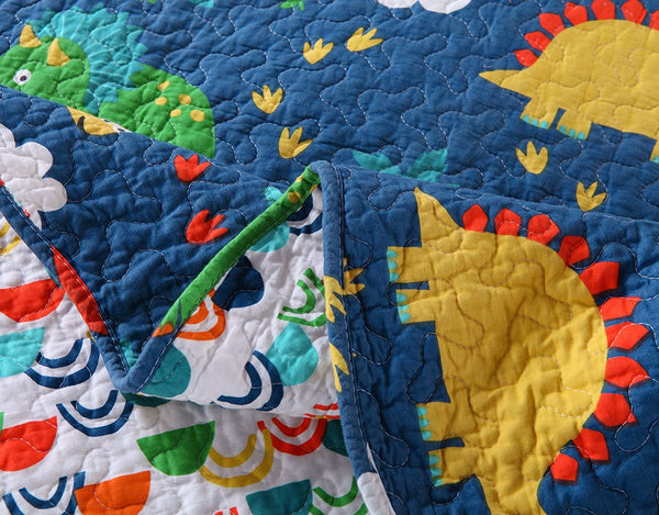 100% Cotton 2 Piece Kids Quilt Bedspread Comforter Set Throw Blanket for Teens Boys Girls Kids Beds Bedding Coverlet, Cartoon Dinosaur (Twin)