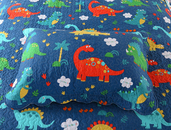100% Cotton 2 Piece Kids Quilt Bedspread Comforter Set Throw Blanket for Teens Boys Girls Kids Beds Bedding Coverlet, Cartoon Dinosaur (Twin)