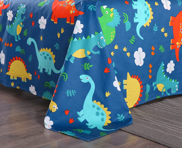 100% Cotton Sheets Kids Twin Sheets for Kids Girls Boys Teens Children Sheets Bed Sheets for Kids Soft Fitted Flat Printed Sheet Pillowcase Bedding Bed Set Navy Blue Dinosaur(Twin)