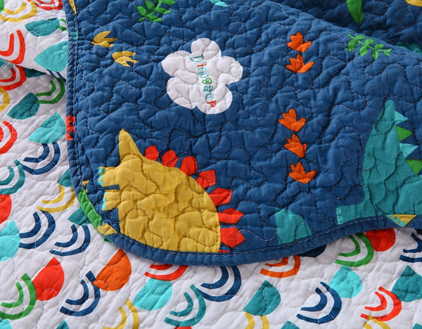 100% Cotton 3 Piece Kids Quilt Bedspread Comforter Set Throw Blanket for Teens Boys Girls Kids Beds Bedding Coverlet, Cartoon Dinosaur (Full)
