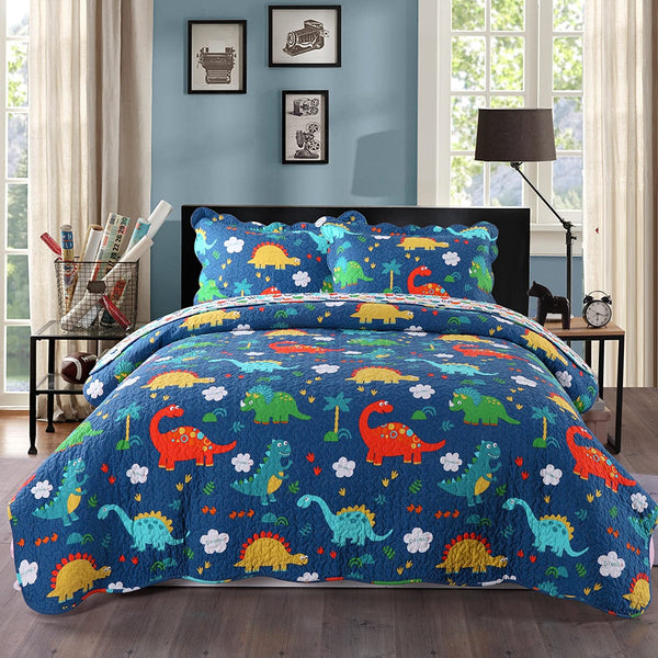 100% Cotton 3 Piece Kids Quilt Bedspread Comforter Set Throw Blanket for Teens Boys Girls Kids Beds Bedding Coverlet, Cartoon Dinosaur (Full)