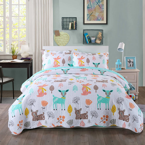 100% Cotton 3 Piece Kids Quilt Bedspread Comforter Set Throw Blanket for Teens Boys Girls Kids Beds Bedding Coverlet Teal Blue Forest Deer (Full)